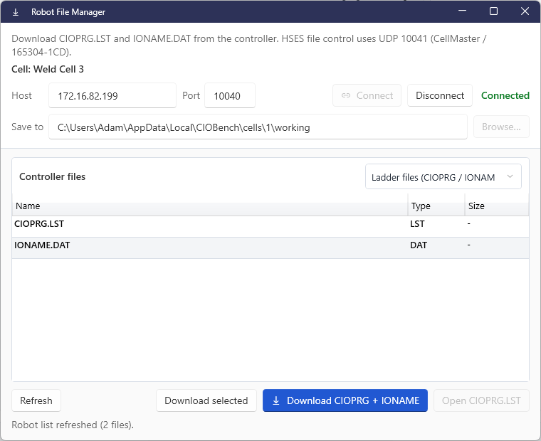 Robot File Manager connected to 172.16.82.199